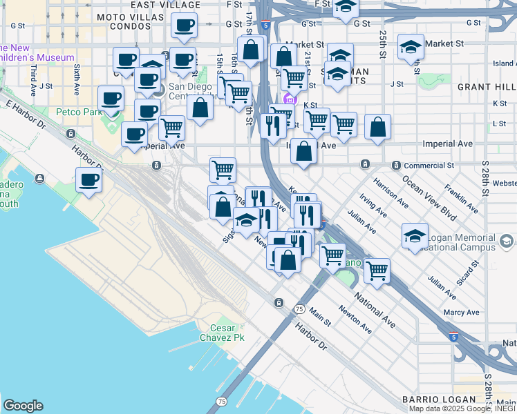 map of restaurants, bars, coffee shops, grocery stores, and more near 991 Sigsbee Street in San Diego