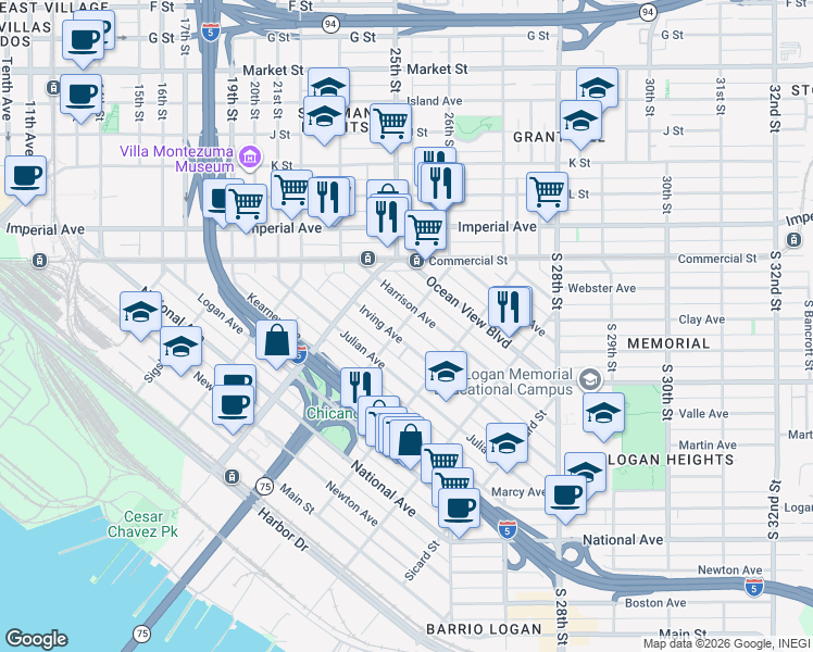 map of restaurants, bars, coffee shops, grocery stores, and more near 527 Dewey Street in San Diego