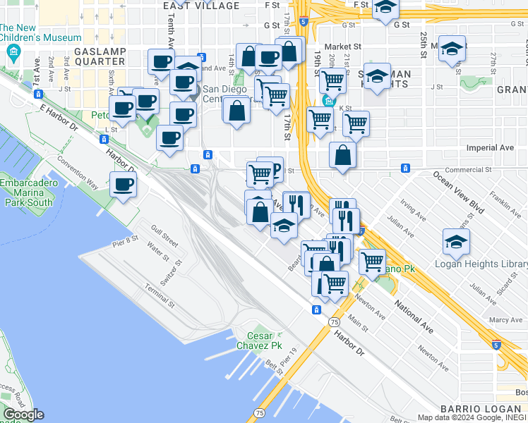 map of restaurants, bars, coffee shops, grocery stores, and more near 1640 Newton Avenue in San Diego