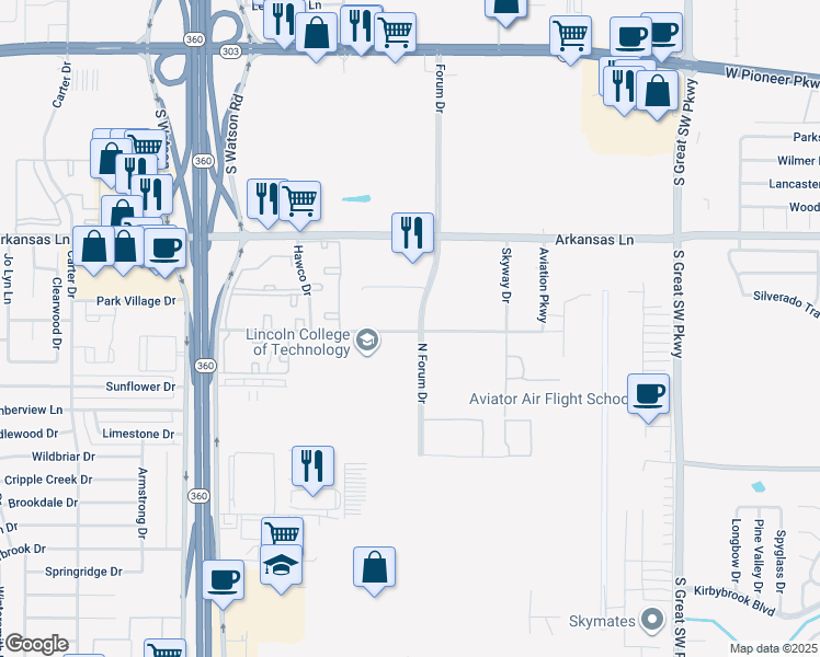map of restaurants, bars, coffee shops, grocery stores, and more near 2902 Alouette Drive in Grand Prairie