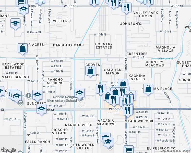map of restaurants, bars, coffee shops, grocery stores, and more near 2867 West 13th Place in Yuma