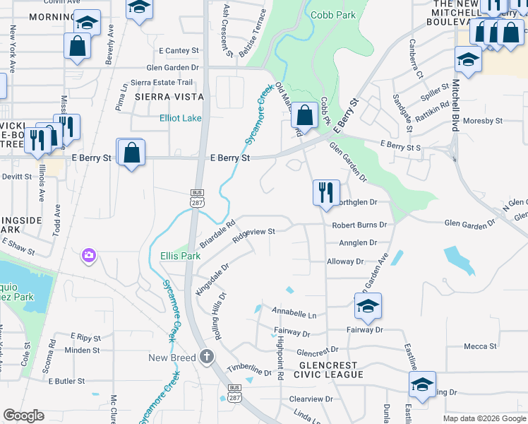 map of restaurants, bars, coffee shops, grocery stores, and more near 2225 Briardale Road in Fort Worth