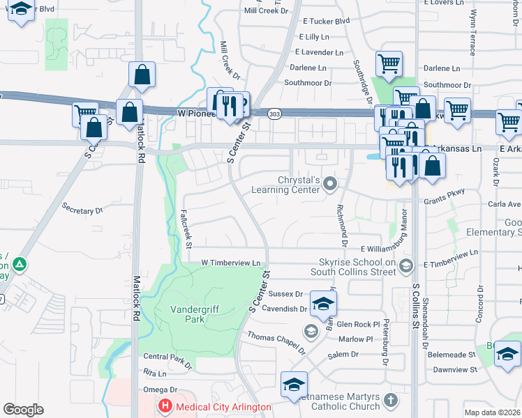 map of restaurants, bars, coffee shops, grocery stores, and more near 404 Waterford Circle in Arlington