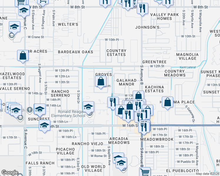 map of restaurants, bars, coffee shops, grocery stores, and more near 2867 West 13th Place in Yuma