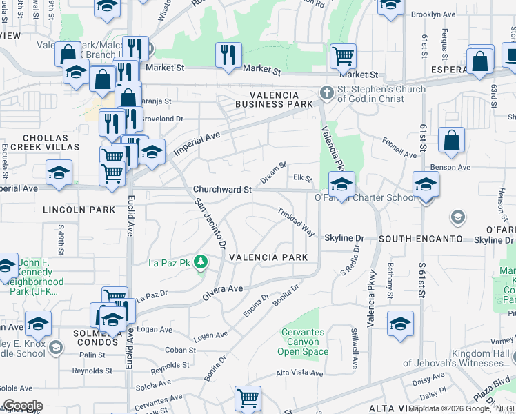 map of restaurants, bars, coffee shops, grocery stores, and more near 5551 Trinidad Way in San Diego