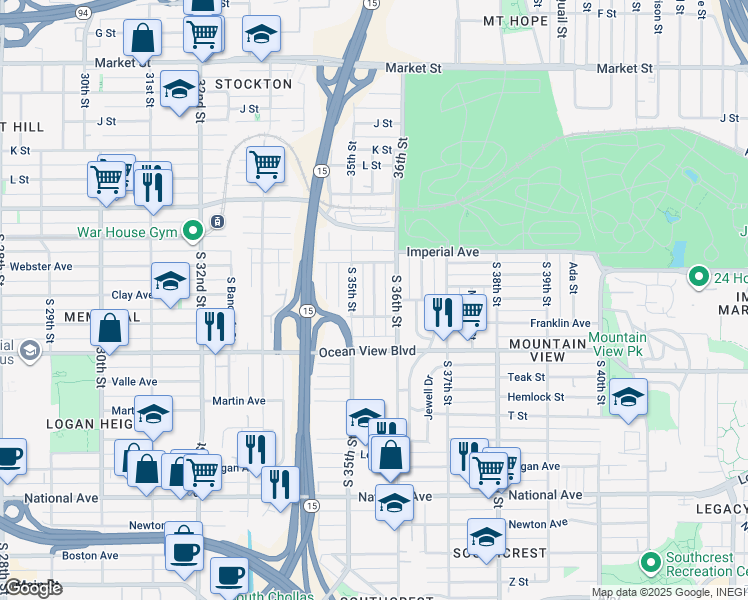 map of restaurants, bars, coffee shops, grocery stores, and more near 327 South 35th Street in San Diego