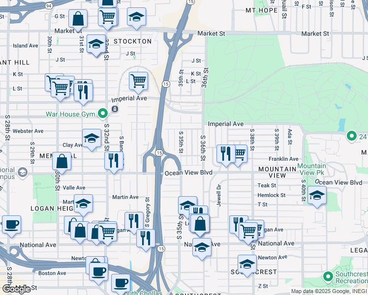 map of restaurants, bars, coffee shops, grocery stores, and more near 327 South 35th Street in San Diego
