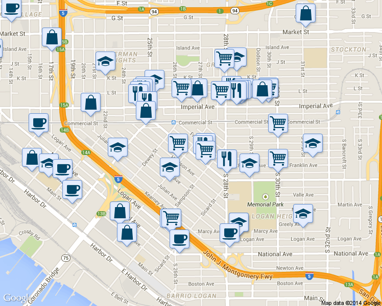 map of restaurants, bars, coffee shops, grocery stores, and more near 2156 Ocean View Boulevard in San Diego
