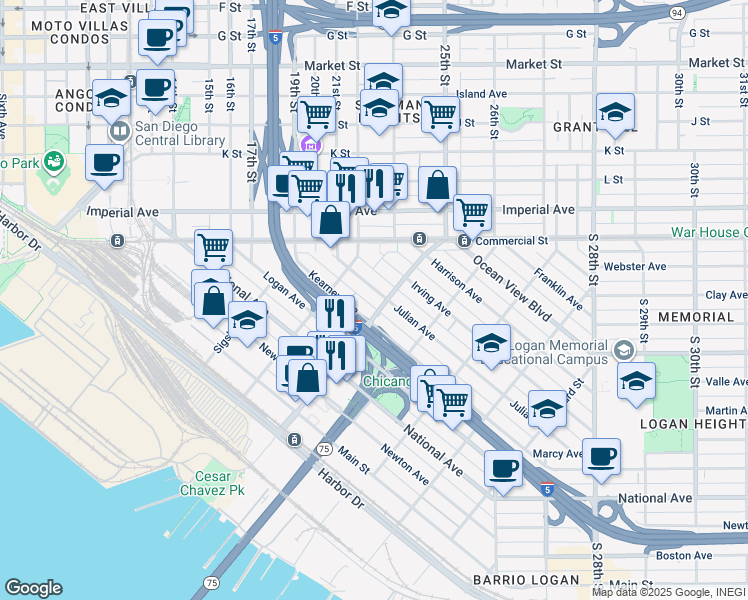map of restaurants, bars, coffee shops, grocery stores, and more near 1862 Kearney Avenue in San Diego