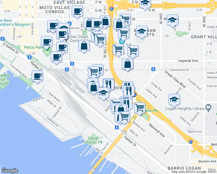 map of restaurants, bars, coffee shops, grocery stores, and more near 1686 National Avenue in San Diego