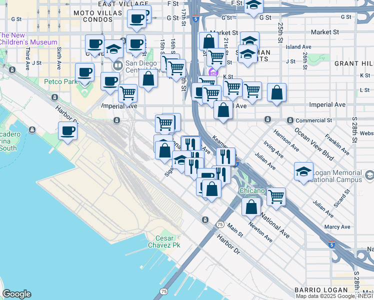map of restaurants, bars, coffee shops, grocery stores, and more near 1686 National Avenue in San Diego