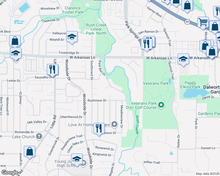 map of restaurants, bars, coffee shops, grocery stores, and more near 4104 Vistaview Court in Arlington