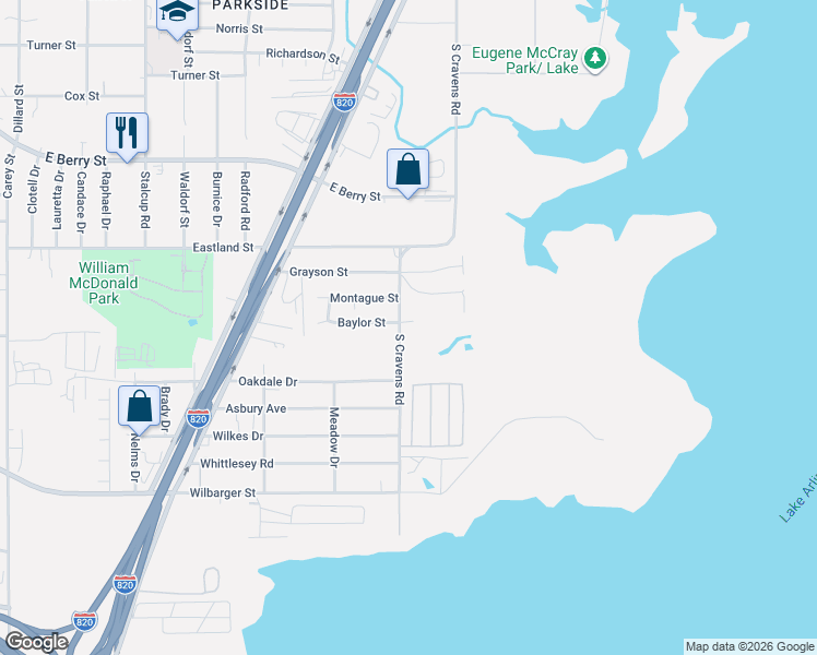 map of restaurants, bars, coffee shops, grocery stores, and more near 6012 Baylor Street in Fort Worth