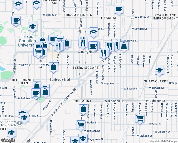map of restaurants, bars, coffee shops, grocery stores, and more near 2329 Benbrook Boulevard in Fort Worth