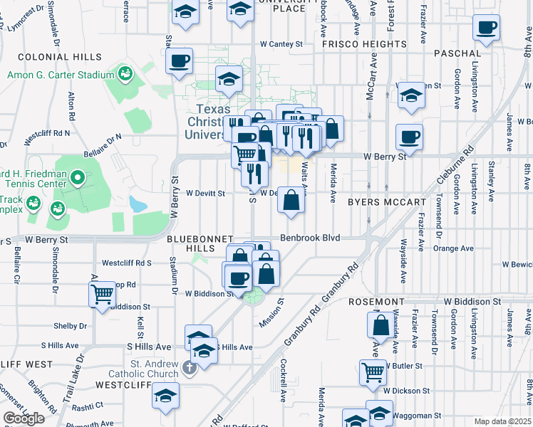 map of restaurants, bars, coffee shops, grocery stores, and more near 3229 Cockrell Avenue in Fort Worth