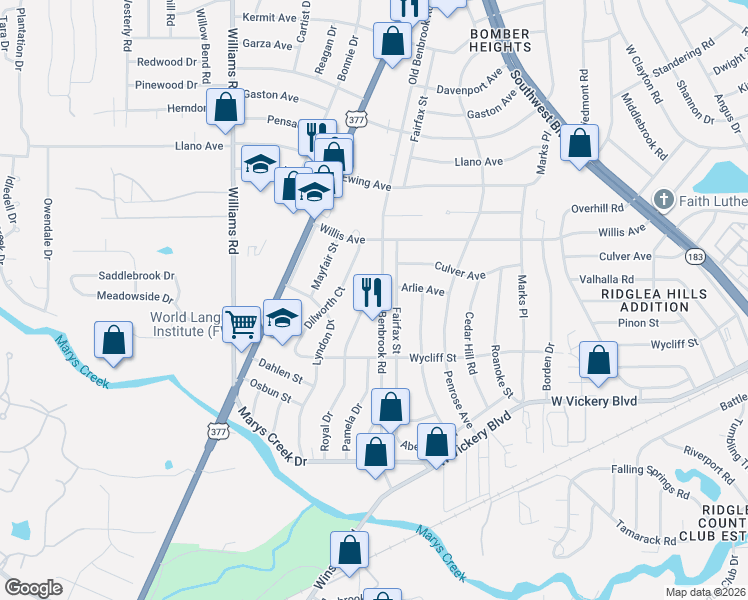 map of restaurants, bars, coffee shops, grocery stores, and more near 4912 Fairfax Street in Fort Worth