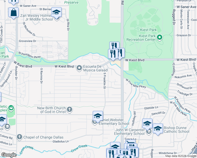 map of restaurants, bars, coffee shops, grocery stores, and more near 2523 Whitewood Drive in Dallas