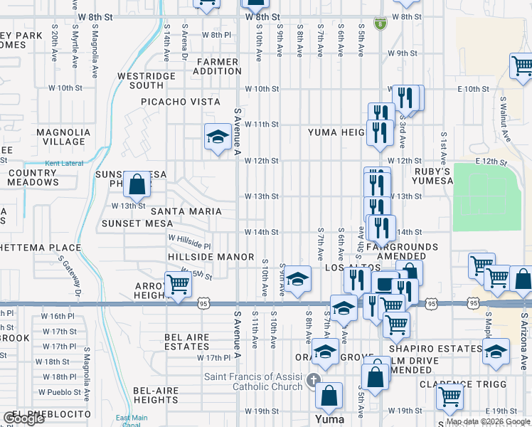 map of restaurants, bars, coffee shops, grocery stores, and more near 1317 S 10th Ave in Yuma