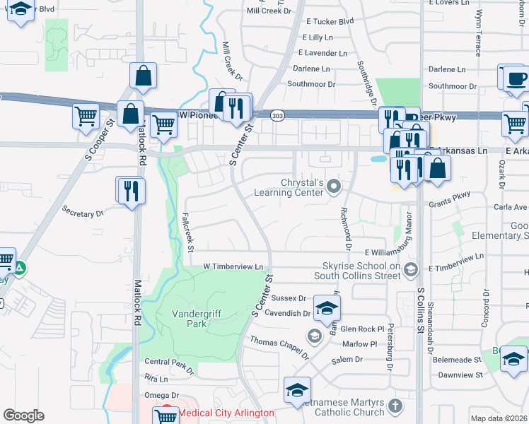 map of restaurants, bars, coffee shops, grocery stores, and more near 404 Waterford Circle in Arlington