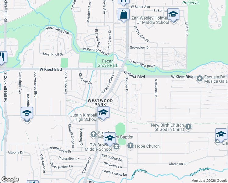 map of restaurants, bars, coffee shops, grocery stores, and more near 3327 Springwood Lane in Dallas