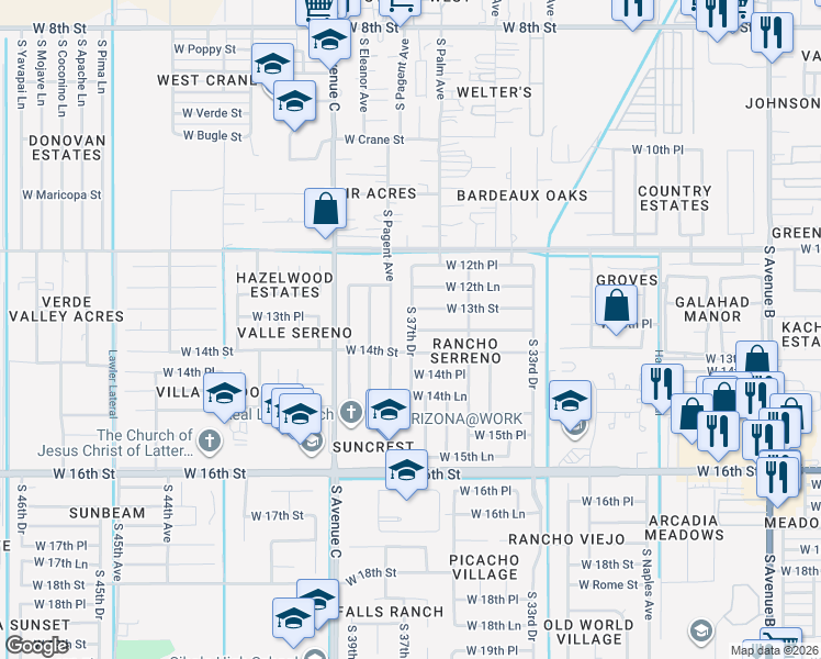 map of restaurants, bars, coffee shops, grocery stores, and more near 1350 South 37th Drive in Yuma
