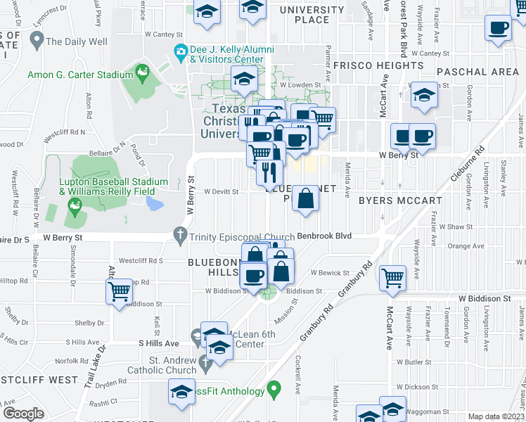 map of restaurants, bars, coffee shops, grocery stores, and more near 3224 South University Drive in Fort Worth