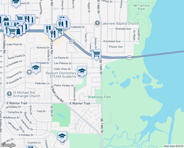 map of restaurants, bars, coffee shops, grocery stores, and more near 1229 Cielo Vista Street in Grand Prairie