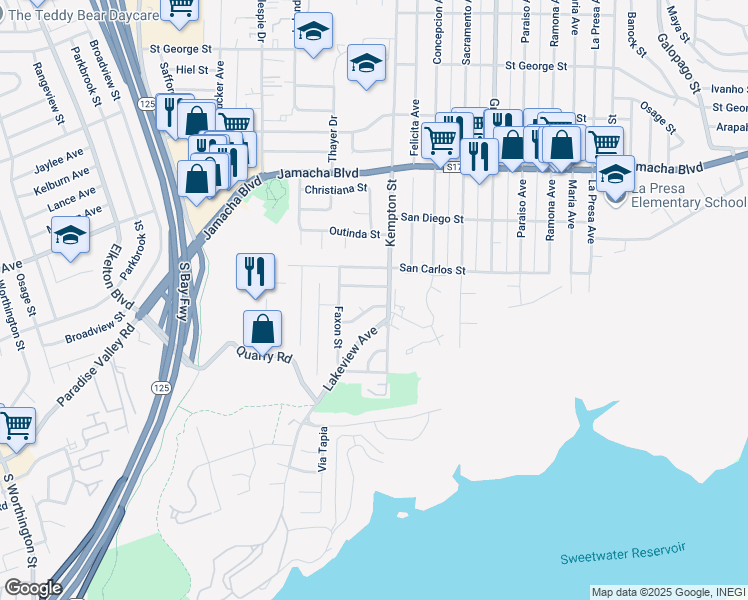 map of restaurants, bars, coffee shops, grocery stores, and more near 9124 Cambon Court in Spring Valley