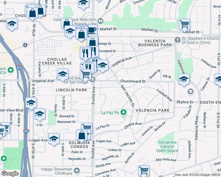 map of restaurants, bars, coffee shops, grocery stores, and more near 5211 Manzanares Way in San Diego