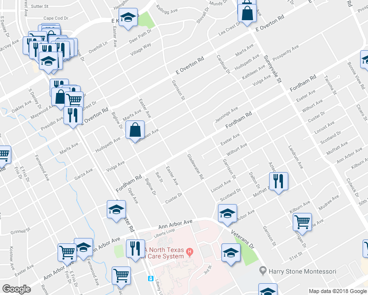 map of restaurants, bars, coffee shops, grocery stores, and more near 2205 Fordham Road in Dallas