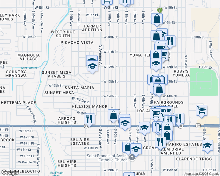 map of restaurants, bars, coffee shops, grocery stores, and more near 1317 South 10th Avenue in Yuma