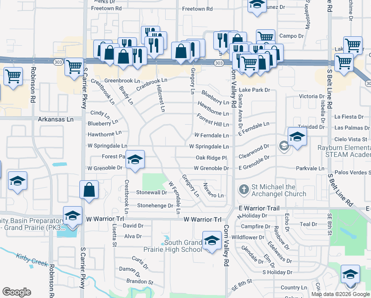 map of restaurants, bars, coffee shops, grocery stores, and more near 449 West Springdale Lane in Grand Prairie