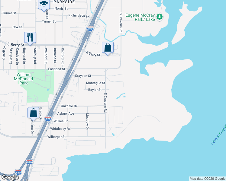 map of restaurants, bars, coffee shops, grocery stores, and more near 6012 Baylor Street in Fort Worth