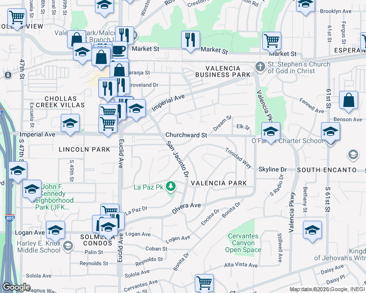 map of restaurants, bars, coffee shops, grocery stores, and more near 5333 Manzanares Way in San Diego