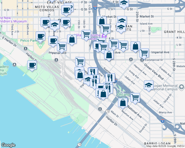 map of restaurants, bars, coffee shops, grocery stores, and more near in San Diego