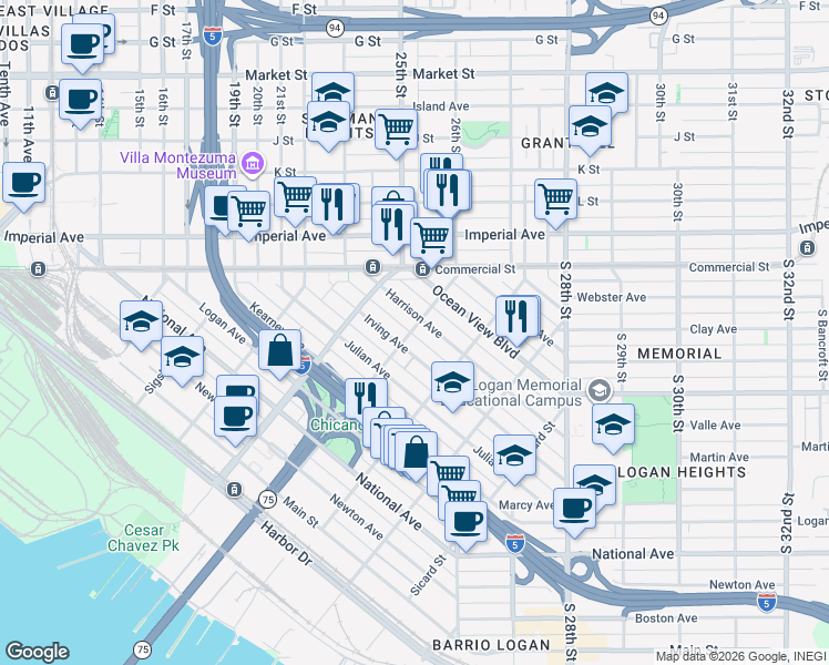 map of restaurants, bars, coffee shops, grocery stores, and more near 527 Dewey Street in San Diego