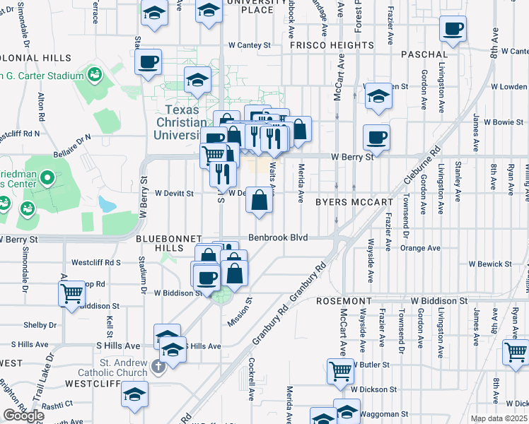 map of restaurants, bars, coffee shops, grocery stores, and more near 3228 Waits Avenue in Fort Worth
