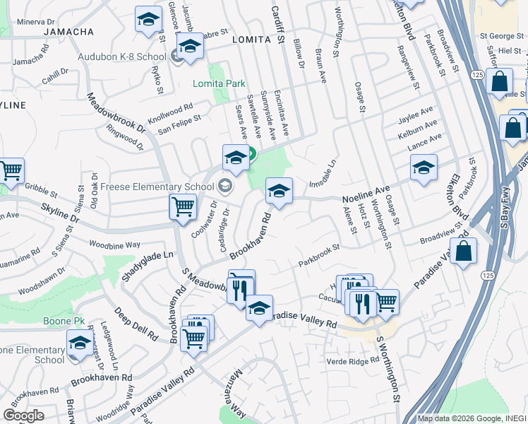 map of restaurants, bars, coffee shops, grocery stores, and more near 8254 Brookhaven Road in San Diego