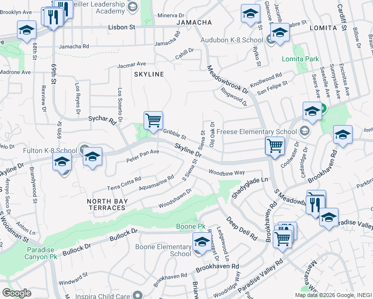 map of restaurants, bars, coffee shops, grocery stores, and more near in San Diego