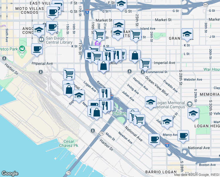 map of restaurants, bars, coffee shops, grocery stores, and more near 1862 Kearney Avenue in San Diego