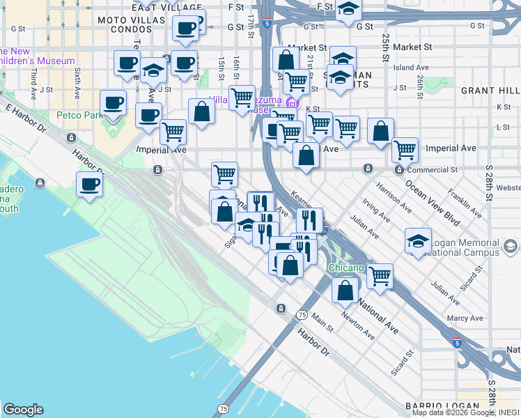 map of restaurants, bars, coffee shops, grocery stores, and more near in San Diego