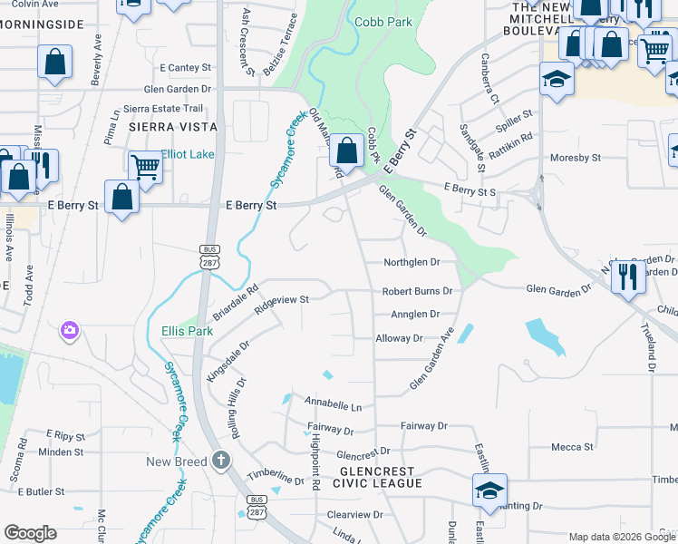 map of restaurants, bars, coffee shops, grocery stores, and more near 2301 Ridgeview Street in Fort Worth