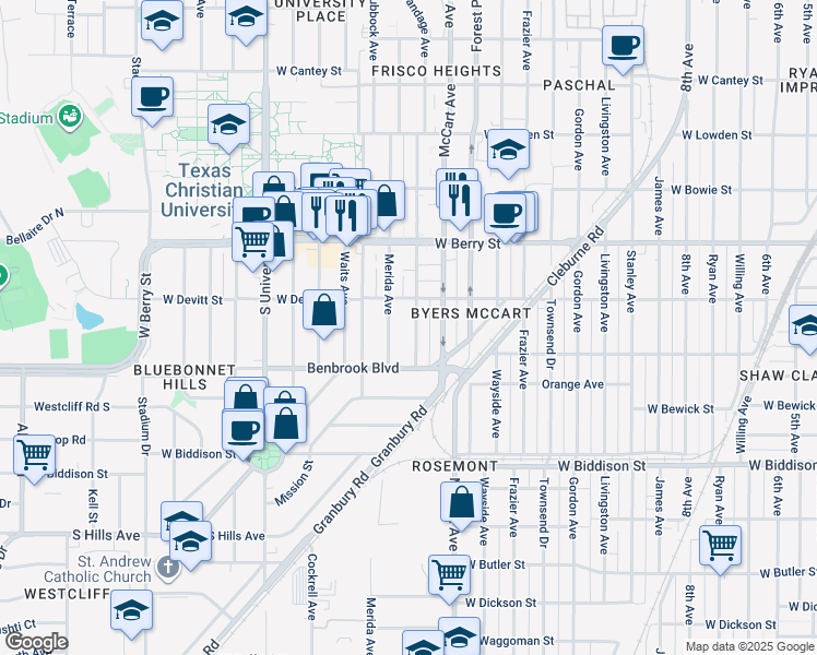 map of restaurants, bars, coffee shops, grocery stores, and more near 3236 Sandage Avenue in Fort Worth