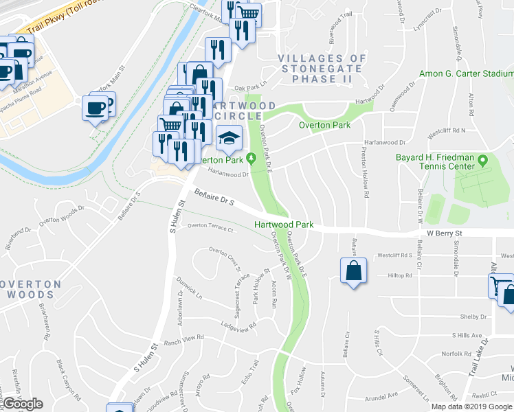 map of restaurants, bars, coffee shops, grocery stores, and more near 3204 Overton Park Drive West in Fort Worth