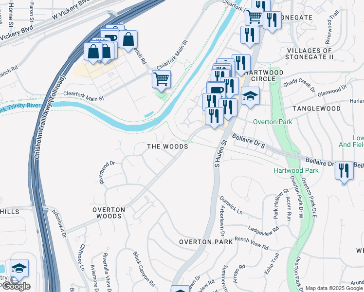 map of restaurants, bars, coffee shops, grocery stores, and more near 4720 Trail Bend Circle in Fort Worth