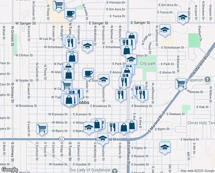 map of restaurants, bars, coffee shops, grocery stores, and more near 300 North Houston Street in Hobbs