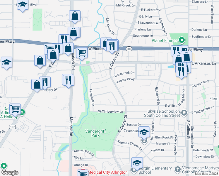 map of restaurants, bars, coffee shops, grocery stores, and more near 2514 South Center Street in Arlington