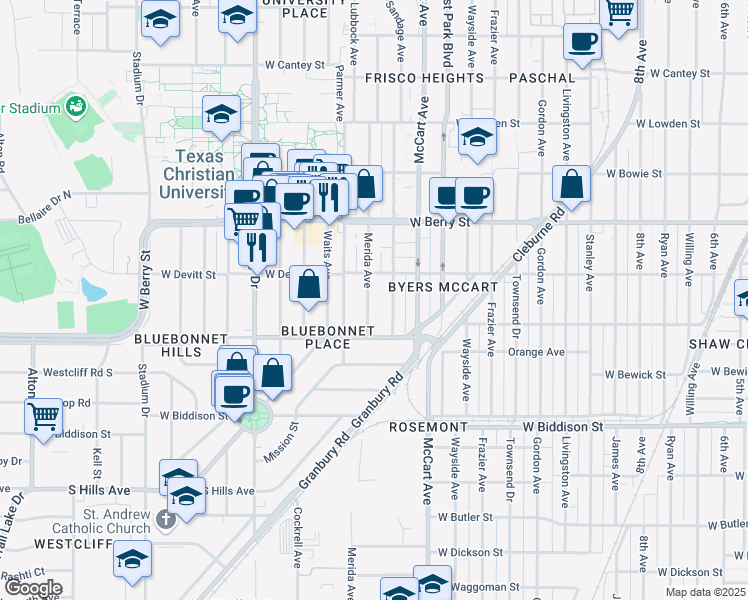 map of restaurants, bars, coffee shops, grocery stores, and more near 3225 Merida Avenue in Fort Worth