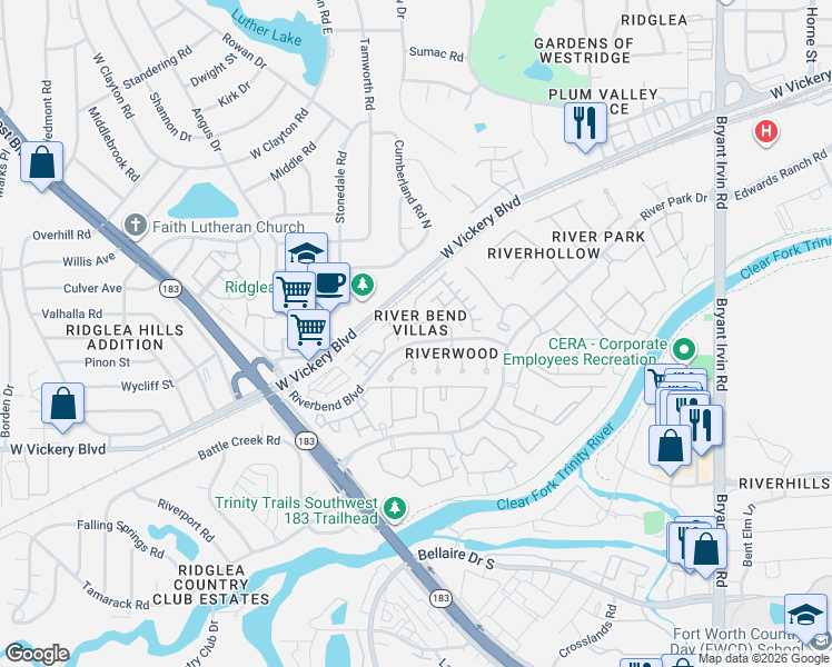 map of restaurants, bars, coffee shops, grocery stores, and more near 3241 Rosemeade Drive in Fort Worth
