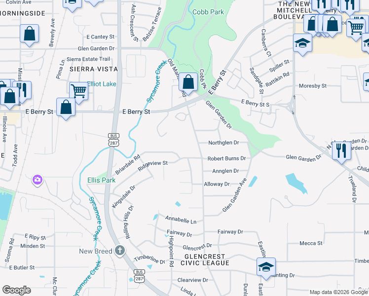 map of restaurants, bars, coffee shops, grocery stores, and more near 2301 Ridgeview Street in Fort Worth